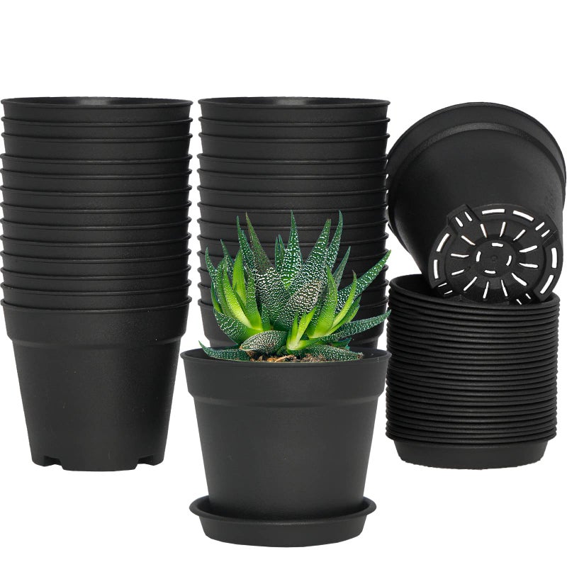 SwinDuck 4 inch Small Plant Pots  28 Pack Plastic Planters with Drainage Holes and Saucers for Flowers Plants  Succulents  Seed Starting Pots  Black - Image 1